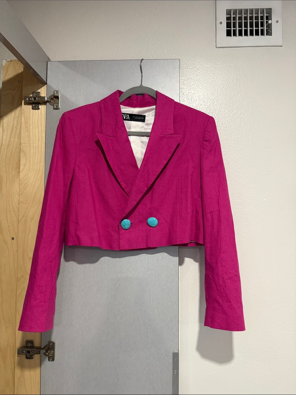 Zara Bright Pink Cropped Double-Button Blazer with Turquoise Buttons